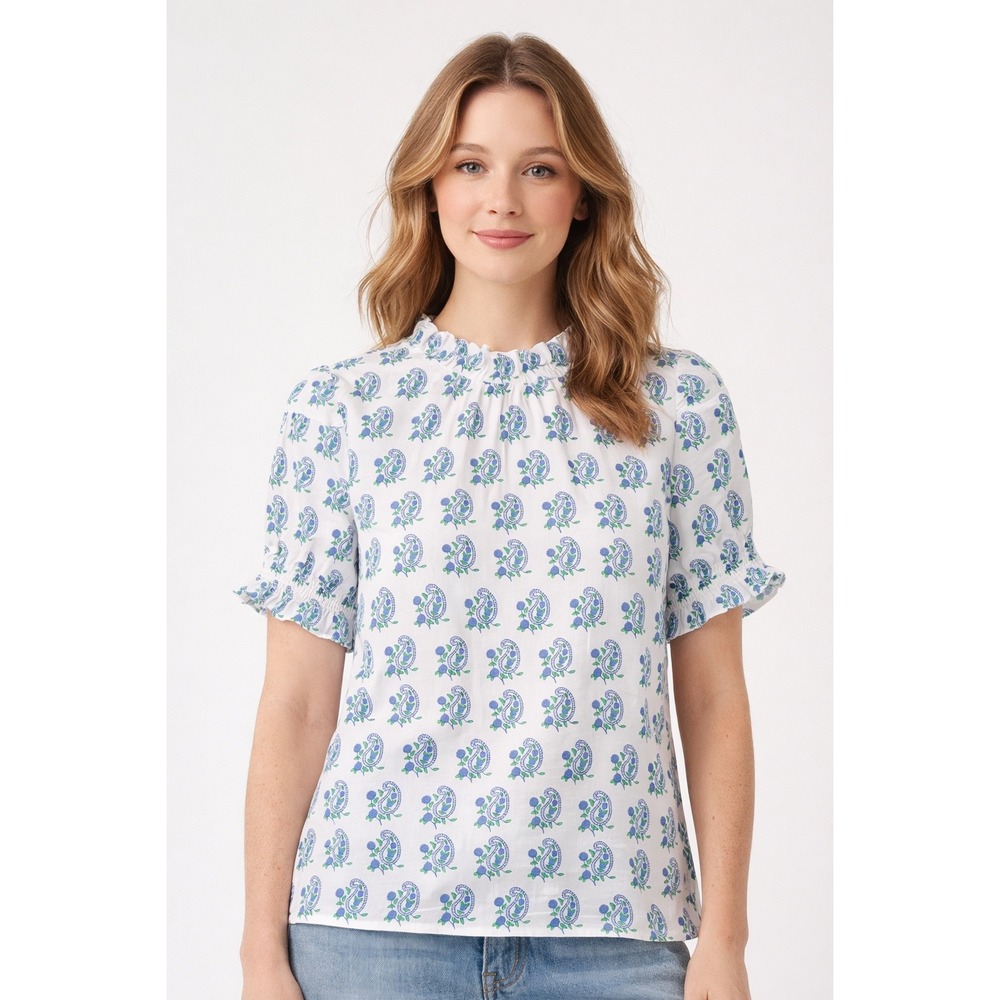 SZ Blockprints X J.Crew Top Size S White Blue Paisley Ruffle Puff Sleeve Cottage